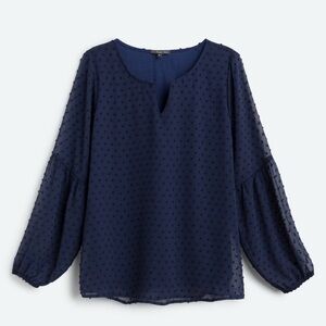 West Kei Navy Textured Blouse with Volume Sleeves